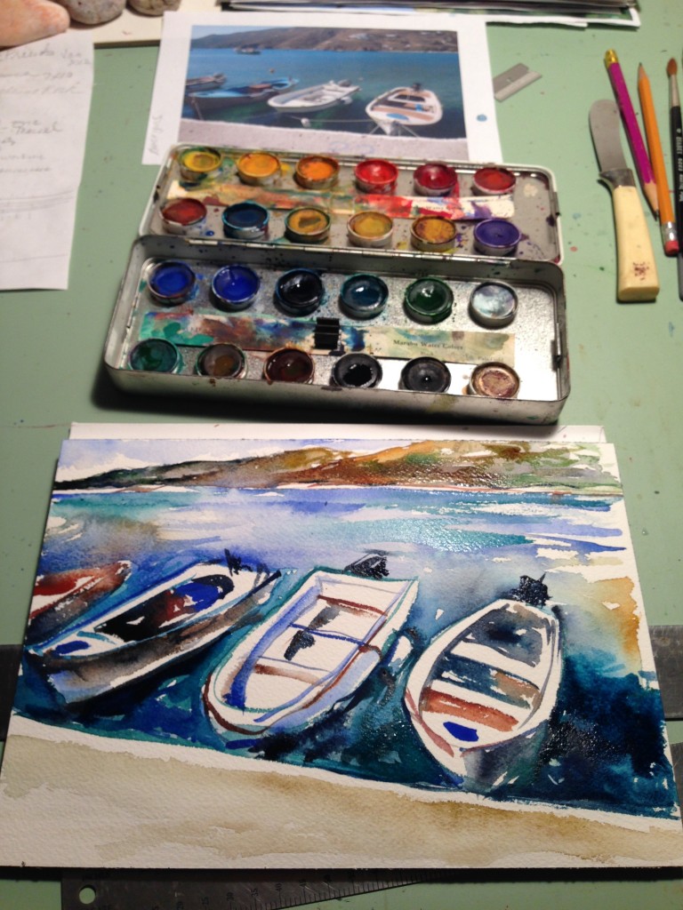 A quick watercolor sketch of boats at Amorogos, Greece